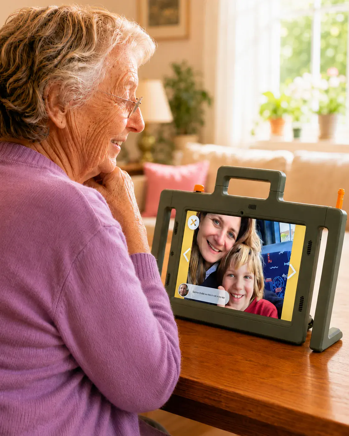 Seniorin schaut Fotos, Videos und Nachrichten auf der Telemarie