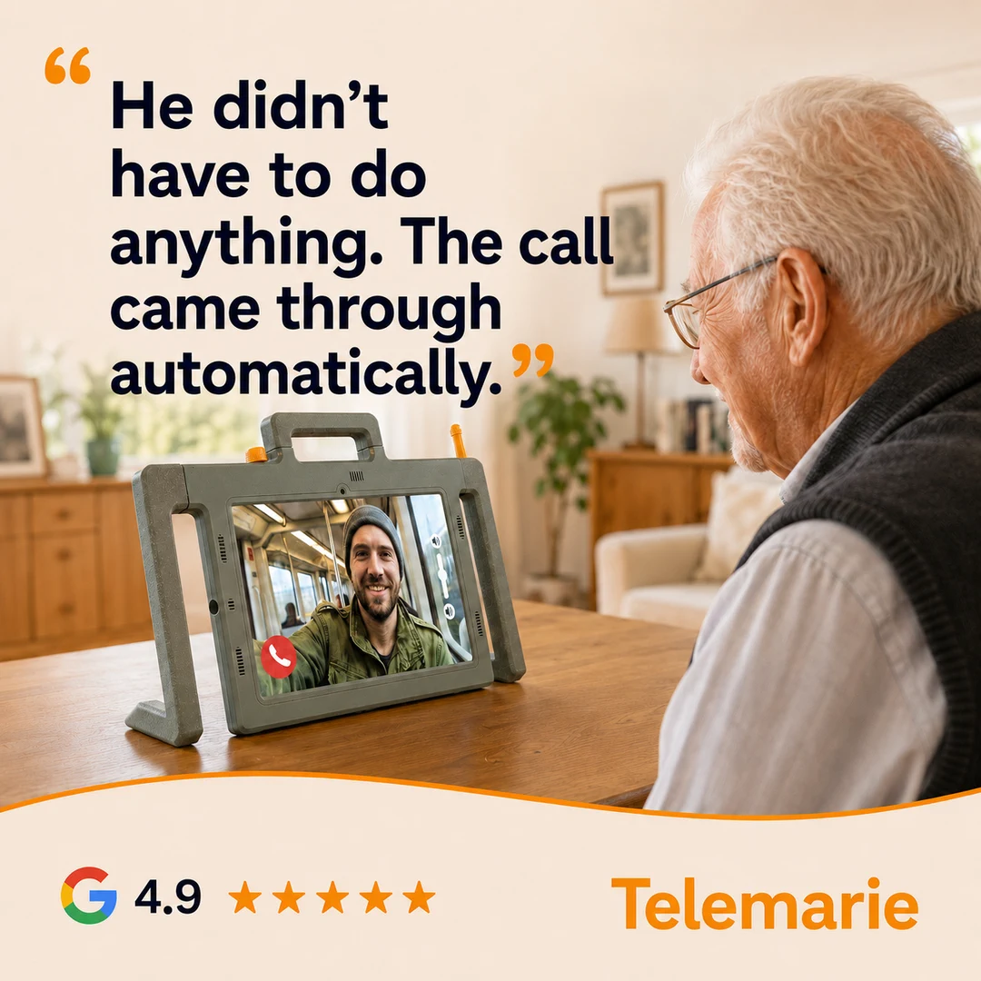 Older man using an easy tablet for seniors during an automatically answered video call.