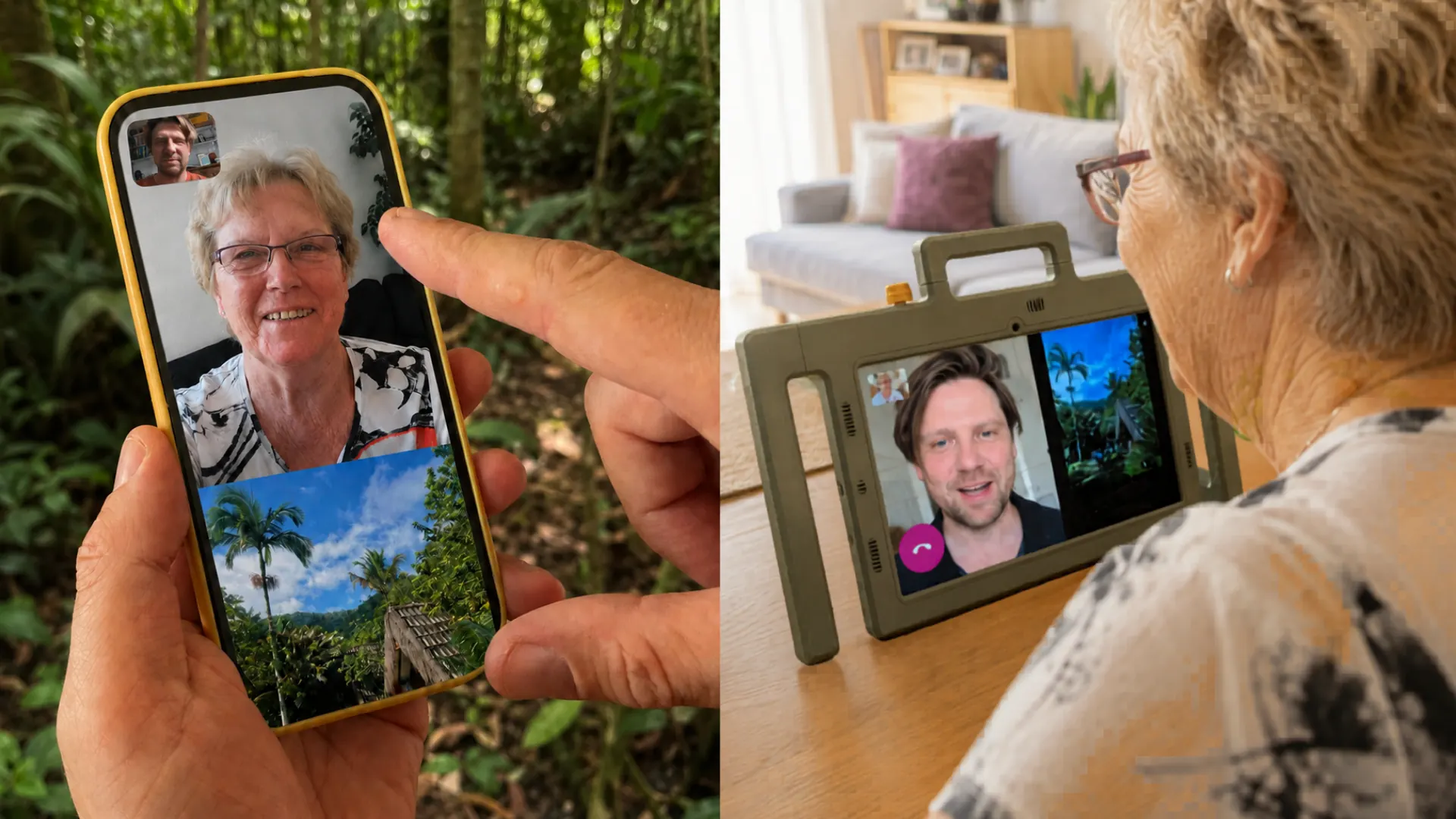 Familie schaut während eines Videoanrufs gemeinsam Fotos auf der Telemarie an