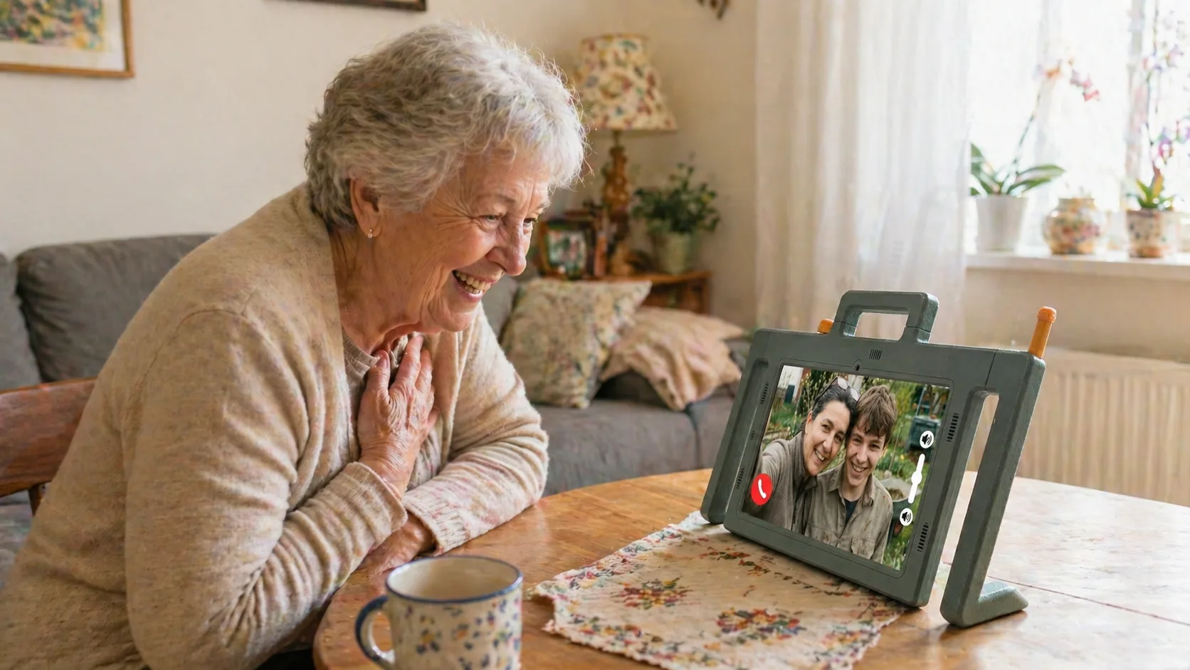 Seniorin freut sich über einen Videoanruf auf Telemarie
