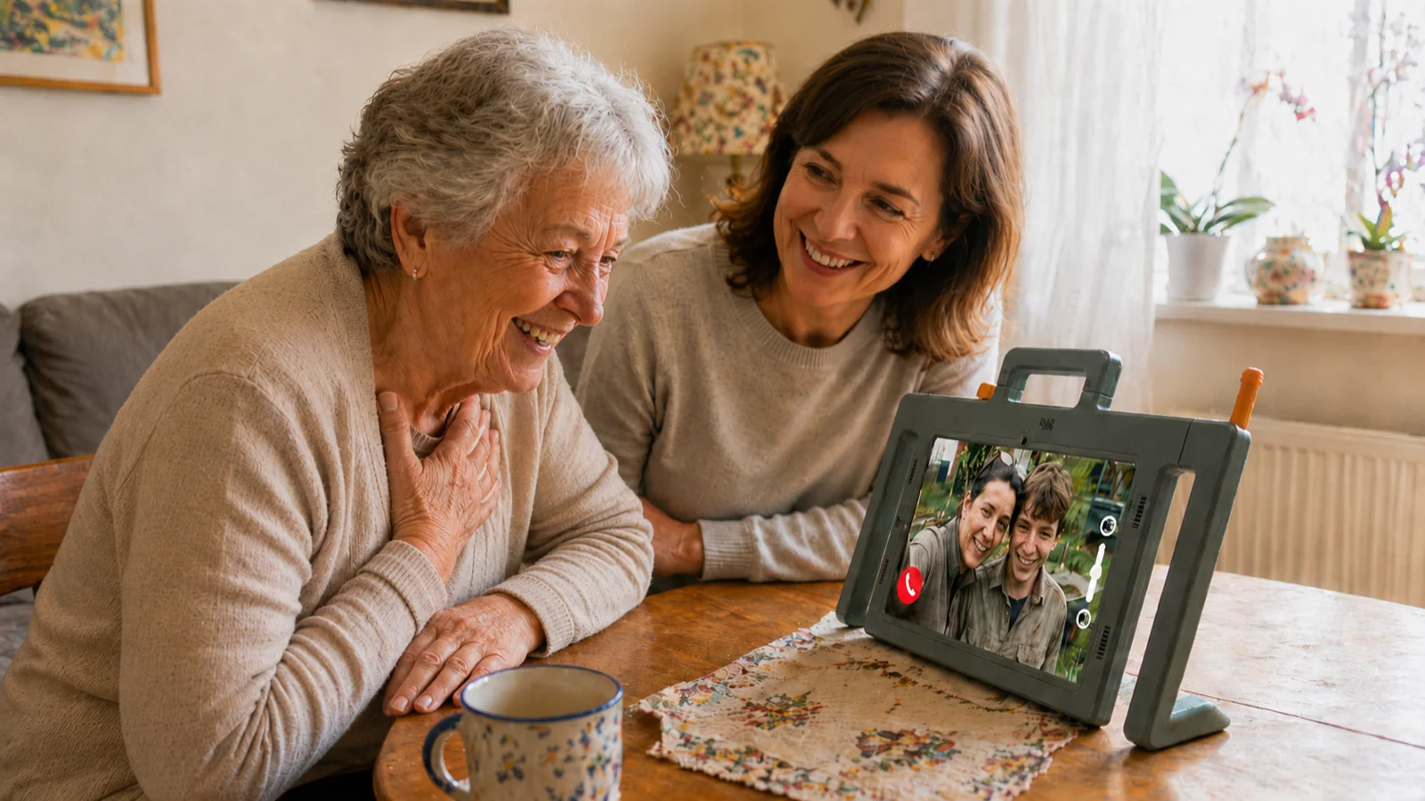 Oma freut sich mit Angehöriger über einen Videoanruf auf Telemarie