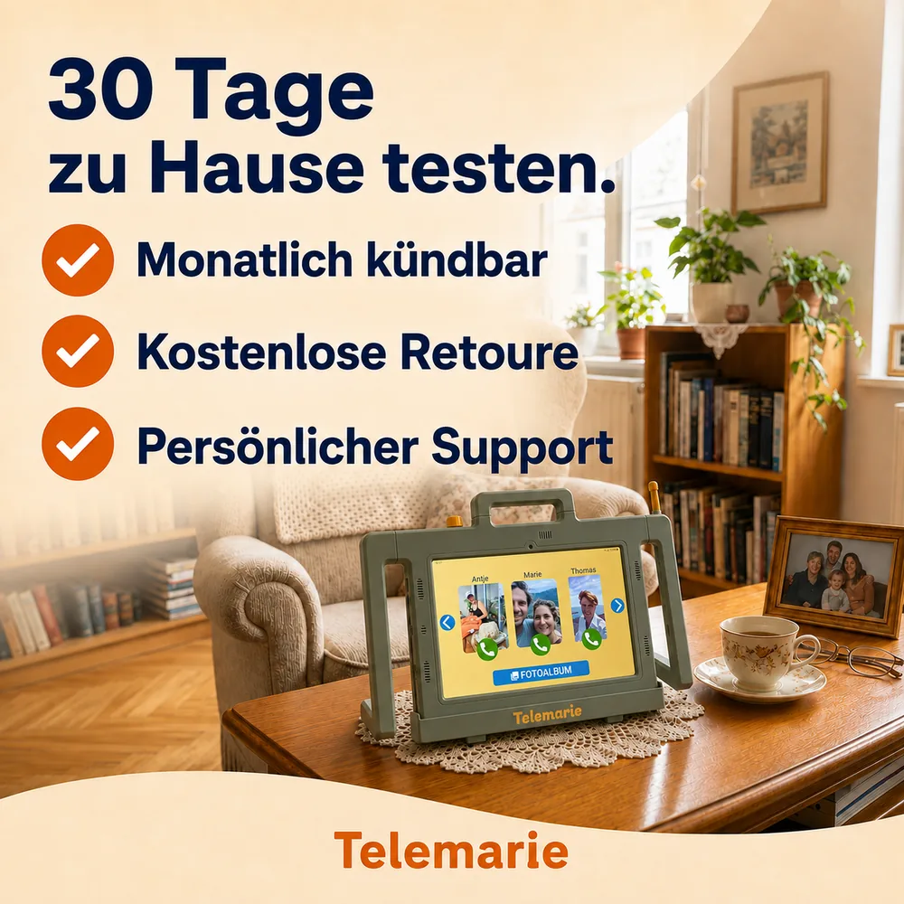 Telemarie Senioren-Tablet im Wohnzimmer mit 30 Tagen Testzeit, kostenloser Retoure und persönlichem Support.