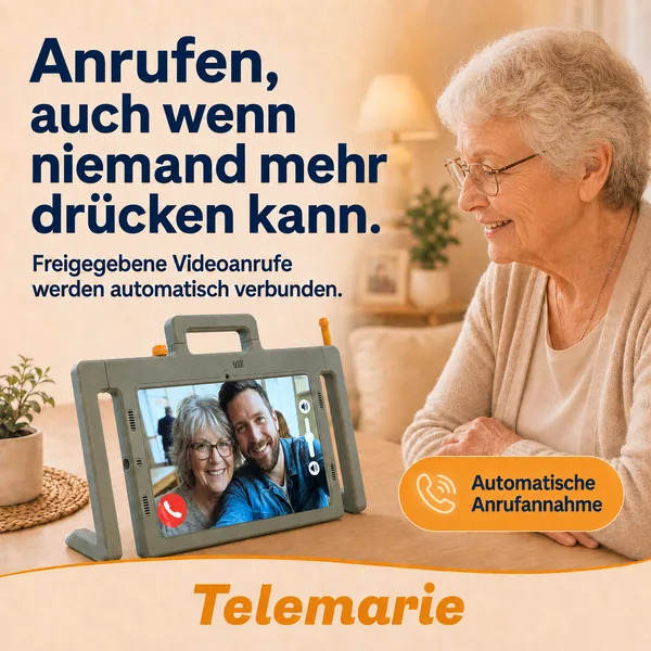 Seniorin telefoniert über das Telemarie Tablet per automatischer Video-Anrufannahme mit ihrer Familie.