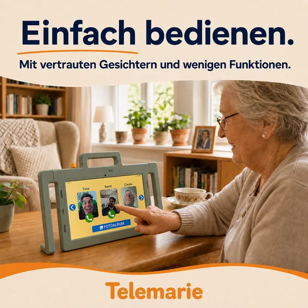 Seniorin bedient das Telemarie Tablet für Senioren über große Kontaktbilder und wenige Funktionen.