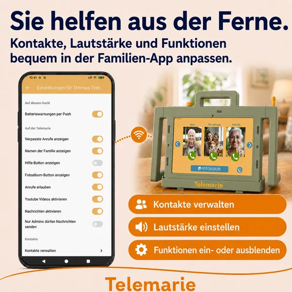 Familien-App neben dem Telemarie Senioren-Tablet zum Verwalten von Kontakten, Lautstärke und Funktionen aus der Ferne.