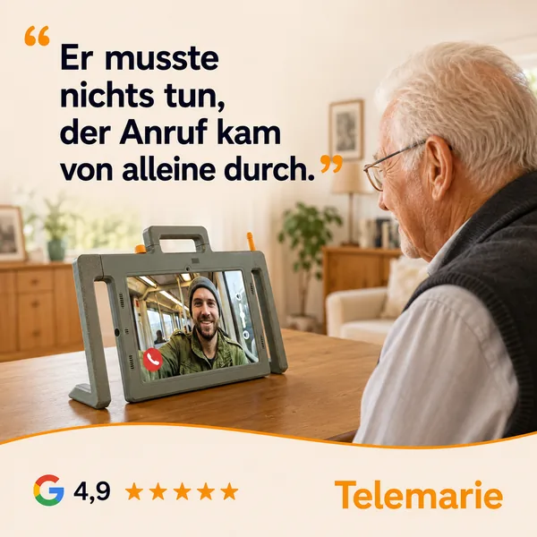 Senior nutzt das Telemarie Tablet für einen automatisch angenommenen Videoanruf; daneben eine Google-Bewertung mit 4,9 Sternen.