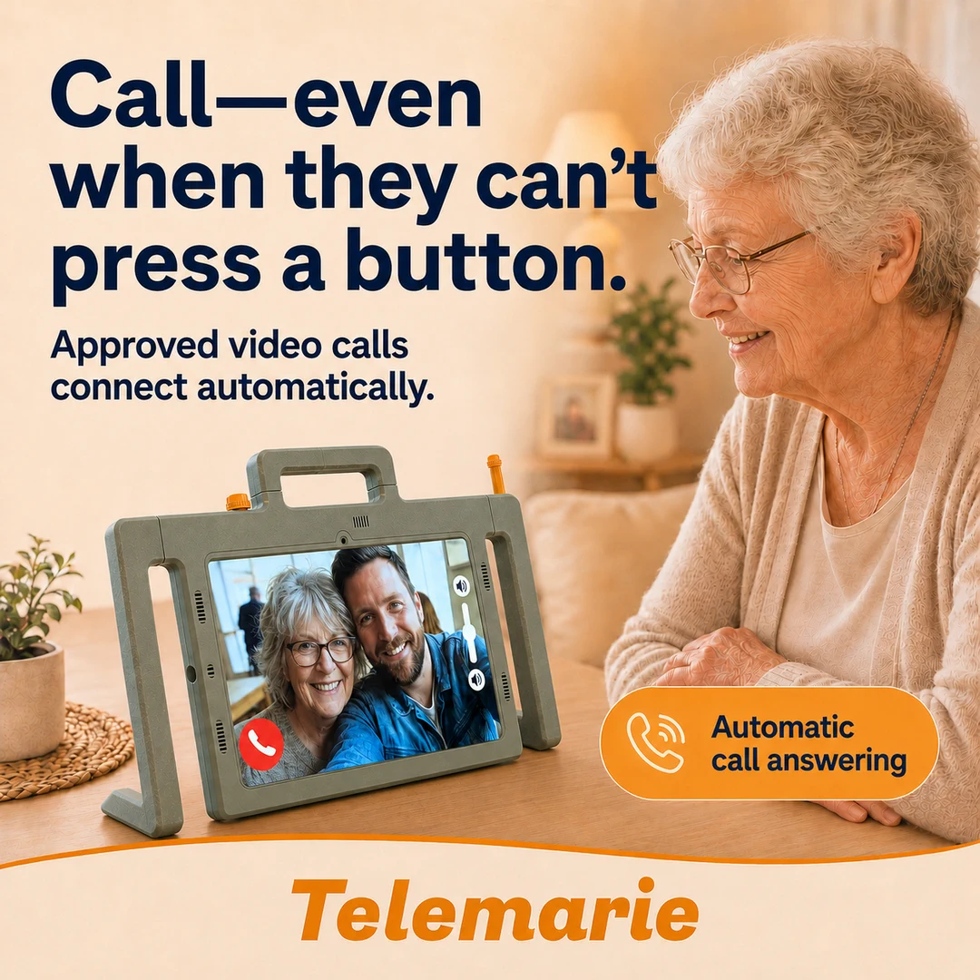 Senior tablet with automatic video call answering for an older woman.