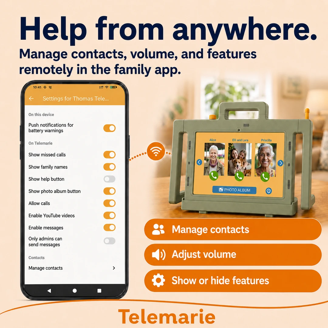 Family app remotely manages contacts, volume and features on a senior tablet.