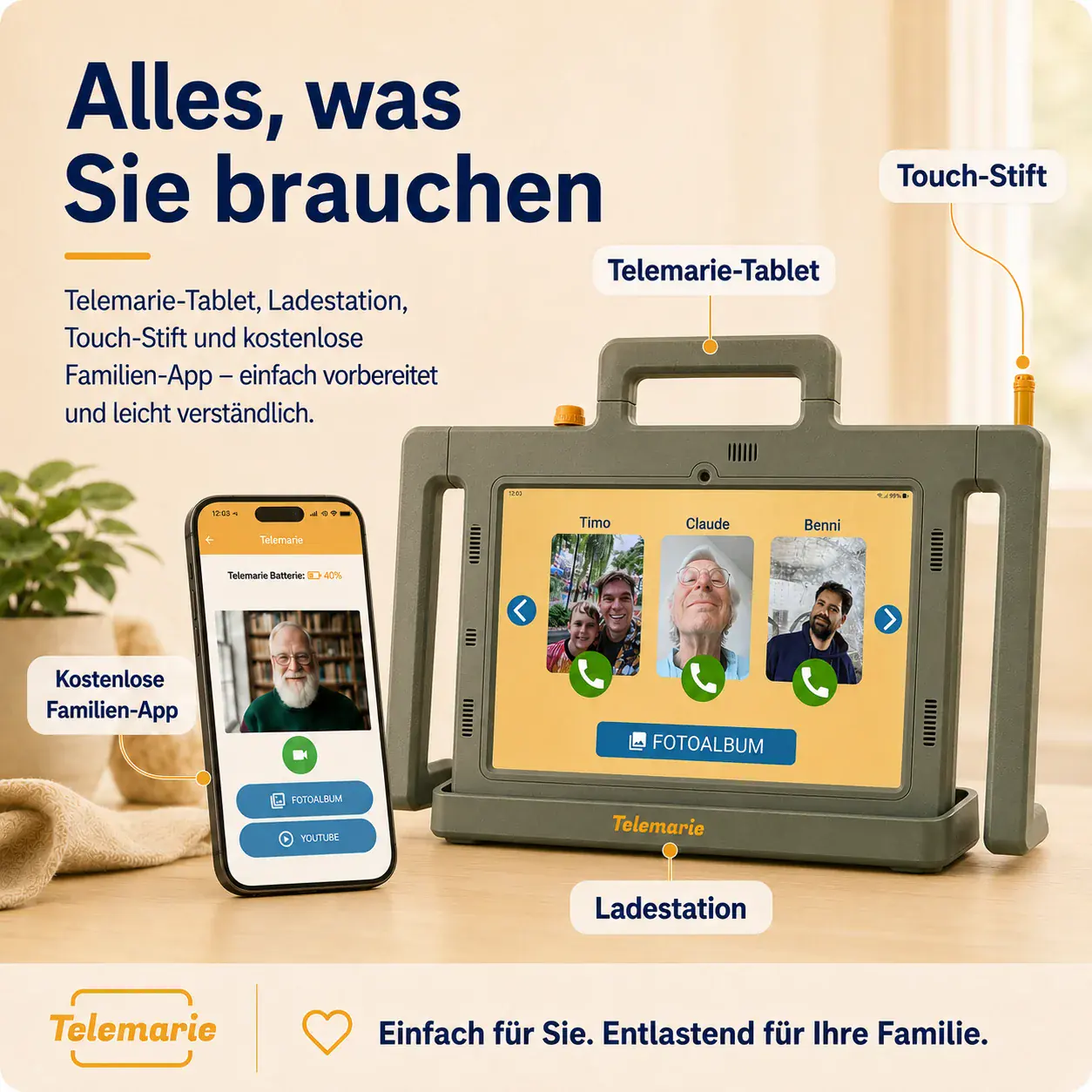 Slidekarte mit Lieferumfang und Familien-App von Telemarie.