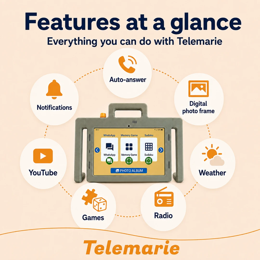 Tablet for older adults with video calls, a photo frame, games, radio, weather and YouTube.