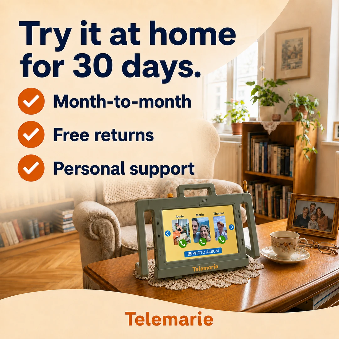 Telemarie tablet for seniors offered with a 30-day home trial and free returns.