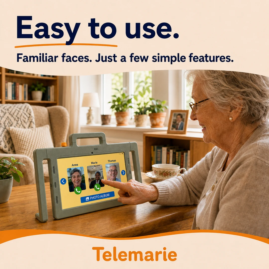 Easy-to-use tablet for seniors showing familiar contacts with large photo buttons.
