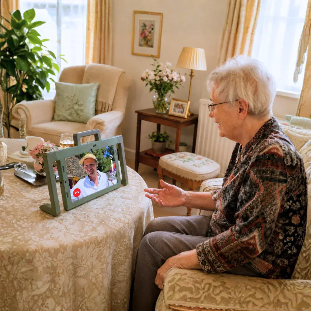 Seniorin führt mit Telemarie einen Videoanruf mit einem vertrauten Familienmitglied.