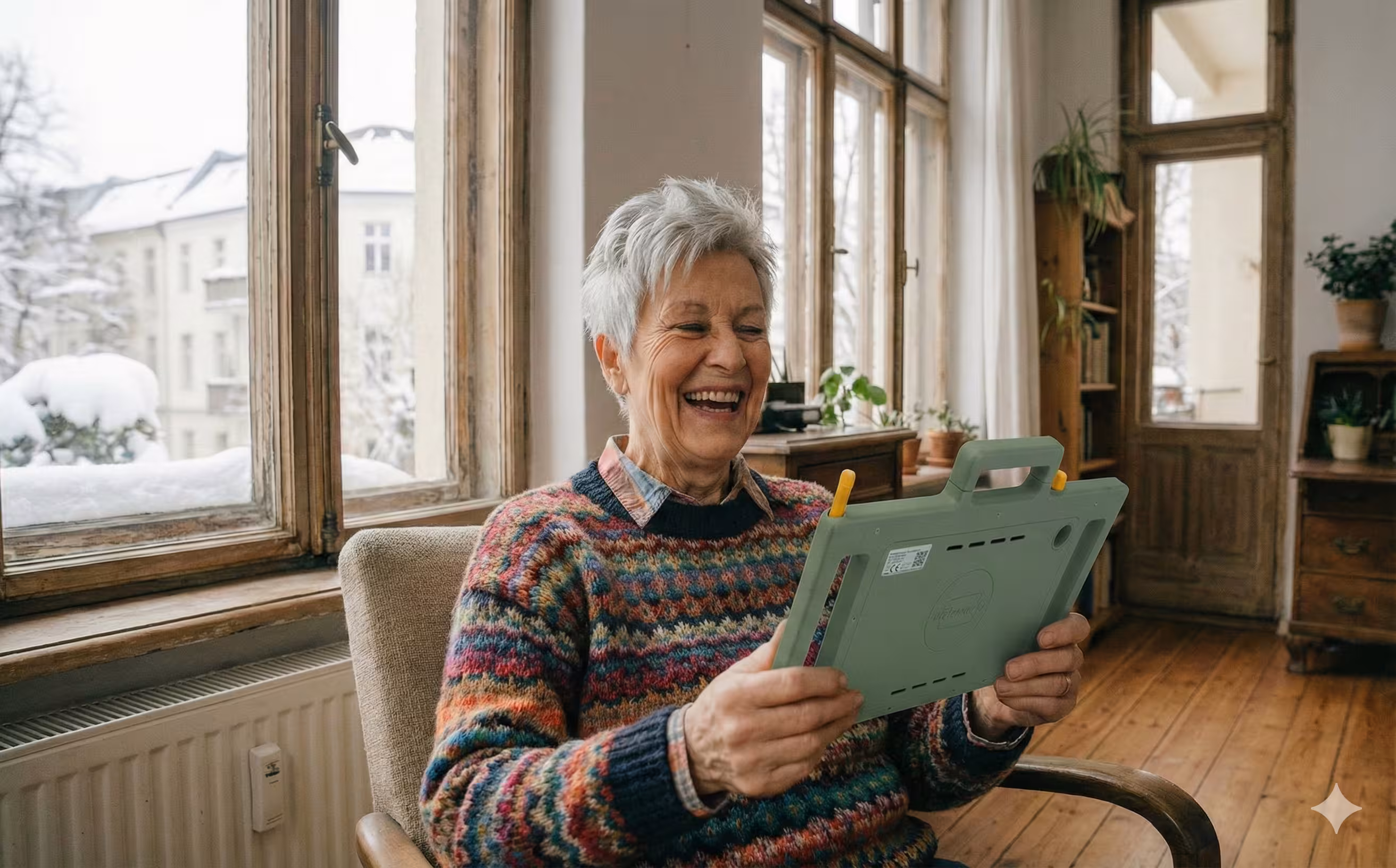 Lachende Seniorin mit Telemarie Tablet