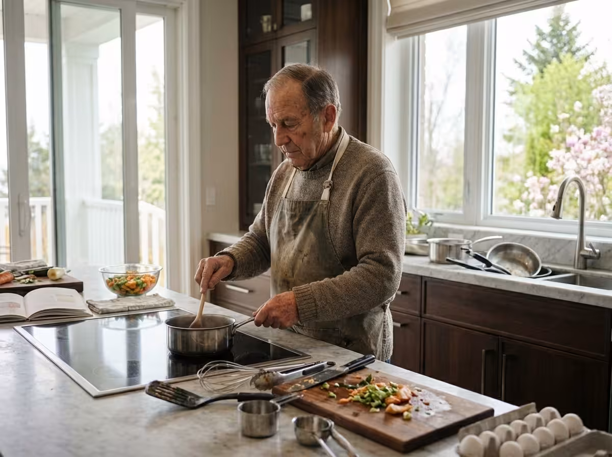 Senior kocht allein in seiner Küche – Alltagsszene zum Thema Einsamkeit