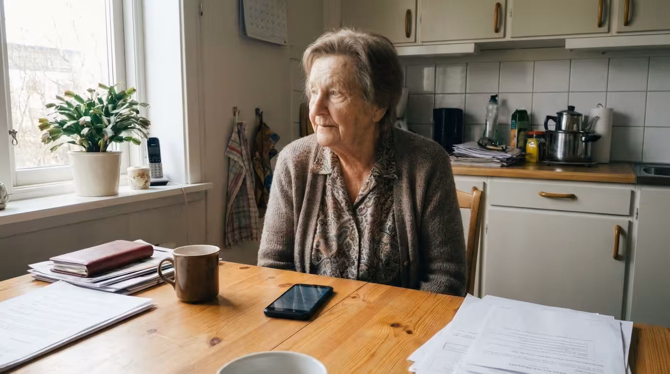 Ältere Frau sitzt still in einem ruhigen Raum – Symbolbild für Einsamkeit